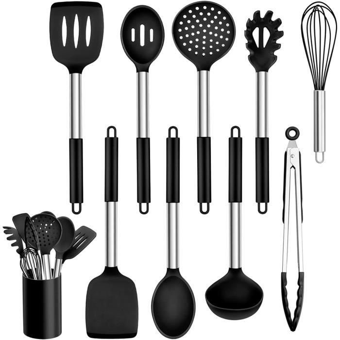 Joyfair Lot 8 Ustensiles Cuisine Silicone + Acier Inox – Set Antiadhésif Noir Avec Porte-Ustensiles, Ultra Résistant