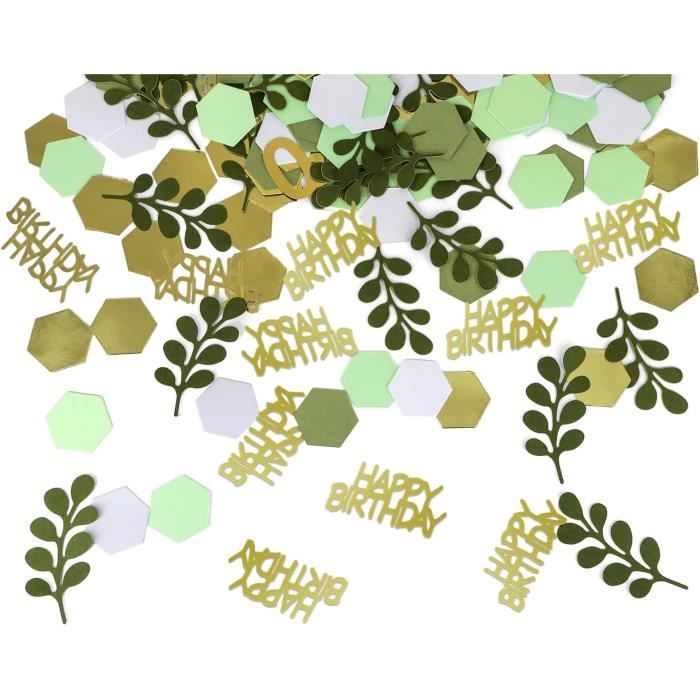 200 Confettis Anniversaire Vert Et Or - Décoration Table Fête - Motifs Sauge Et Feuilles - 4 Couleurs