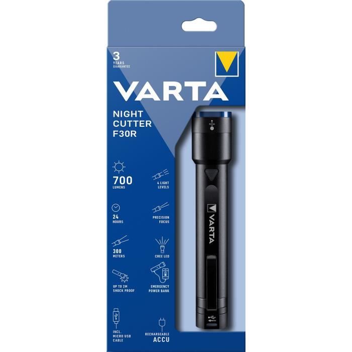 Torche-VARTA-Night Cutter F30R-700lm-Ultra puissante-Resistante au chocs (2m)-Rechargeable-Power Ban