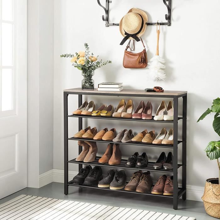 VASAGLE Étagère à Chaussures, Étagère à Chaussures Avec 5 Niveaux Et Surface Spacieuse Pour Sacs Pour L Entree Couloir Metal Design Industriel Marron Noir Vintage Lbs038b01
