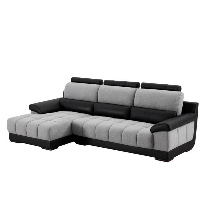 Canapé d'angle gauche en tissu et cuir noir et gris ARAGON