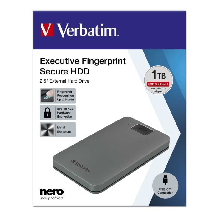 Disque dur externe – VERBATIM – 53652 – 1 To – USB 3.2 Gen 1 – USB Type-C – 2.5