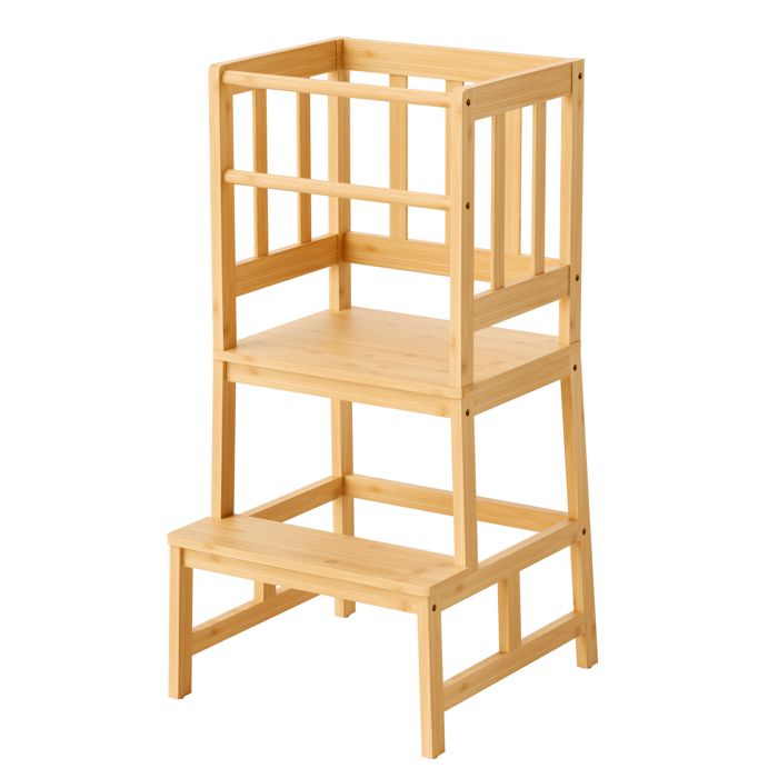 Wiltec Chaise d’enfant – 46 x 46 x 90 cm – Tour d’apprentissage – en Bambou – avec Rampe et Barre anti-chute – Sécurité et indépenda