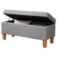 Banc de lit LILLE coffre de rangement avec assise pouf capitonné bout de lit avec pieds conique en bois, structure MDF et tissu gris-1