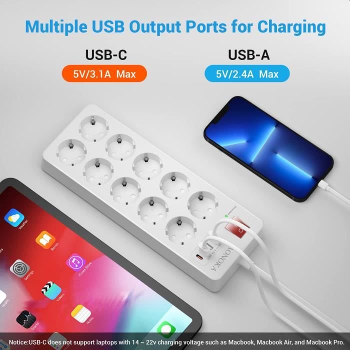 Multiprise USB avec 10 Prises,Multiprise Électrique avec Interrupteur,prise  de protection contre les surtensions, prises de contact - Cdiscount  Bricolage