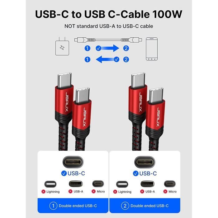 JSAUX Câble USB C de Type C à Charge Rapide 2M, 60W USB C vers USB C 3,1 A,  câble de charge USB Type C Compatible avec Samsung Galaxy, iPad