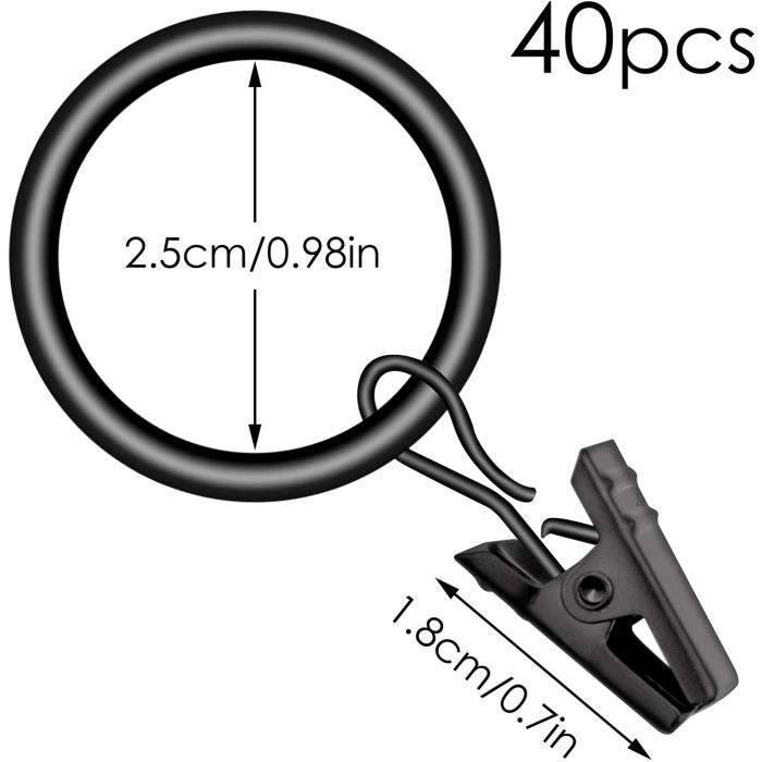40 Anneaux à Pince Pour Rideau Métal Noir 25mm | Crochets Clip Pour Tringle à Rideau