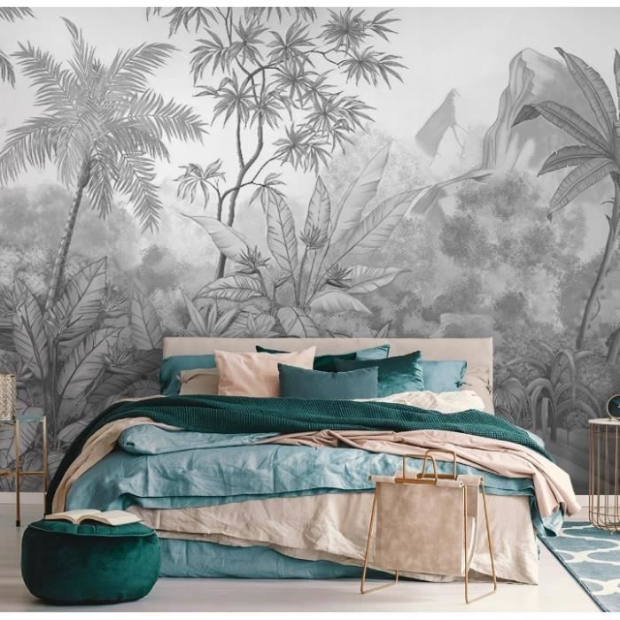 Papier Peint Panoramique Elégant Jungle 360x250 cm Tropiques en noir et ...