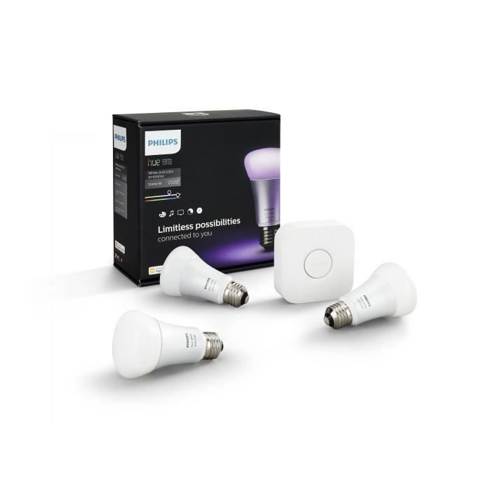 Philips Hue Kit 2 Ampoules LED Connectées E27 9,5W + Pont - Lumière Blanche Chaleureuse