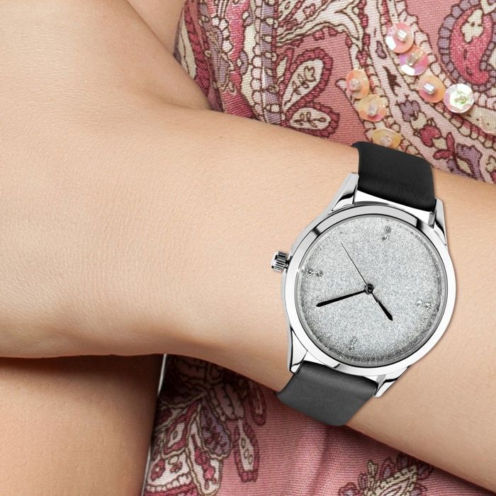 Montre Femme SC Crystal - Boîtier Métal Rhodié Noir, Réglable, Avec Cristaux, Cadeau élégant