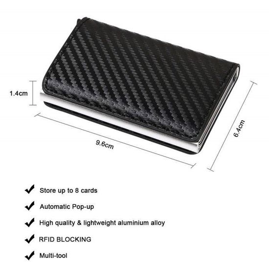 Porte-cartes Métal RFID Fibre De Carbone Noir - Mécanisme Pop-up - Capacité 5-6 Cartes + Compartiment Billets - Dimensions 97x62x13 Mm