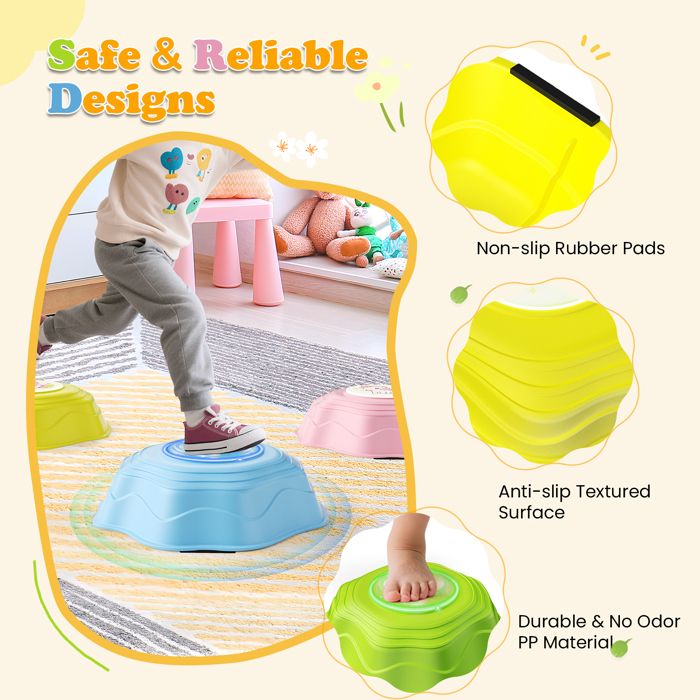 Lot de 6 pierres d'équilibre pour enfants avec lumière et musique, antidérapantes et empilables, jouets de motricité, jeux d'équilibre pour enfants à partir de 3, 4, 5, 6 ans