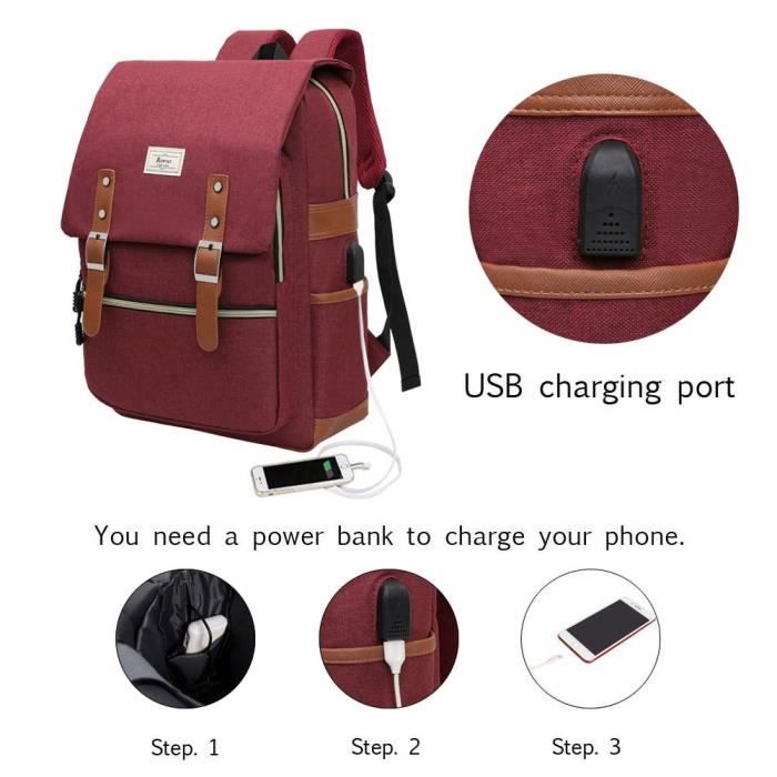 Sac à Dos Ordinateur Portable Imperméable avec Pris USB pour Bureau  Scolaire Affaire Voyage Unisexe (Rouge)