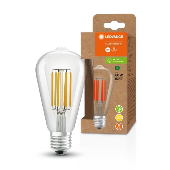 LEDVANCE Lampe à économie d'énergie à LED, filament Edison, E27, blanc chaud  (3000K), 4 watts, remplace une ampoule de 60W, très - Cdiscount Maison