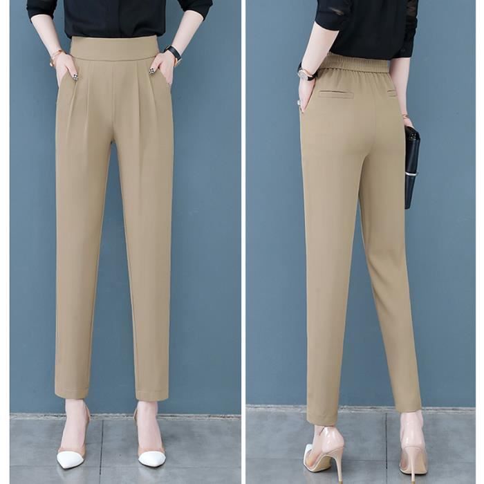 Pantalon Femme 7-8 Coupe droite Taille haute élastiquée Couleur unie Kaki - Cdiscount  Prêt-à-Porter
