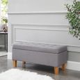Banc de lit LILLE coffre de rangement avec assise pouf capitonné bout de lit avec pieds conique en bois, structure MDF et tissu gris-3