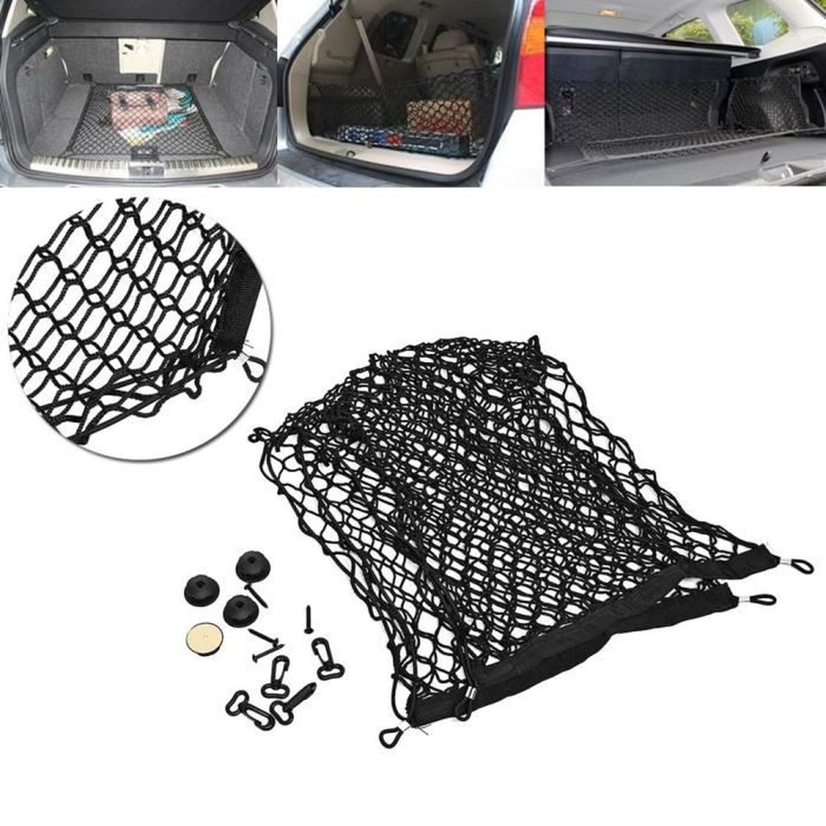 4 crochets quanjucheer Filet de rangement en maille de nylon pour coffre de voiture Noir 70 cm x 70 cm Compatible avec toutes les voitures