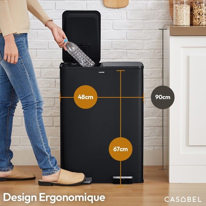 Poubelle Tri Sélectif 3x20L (60L Total) - Acier Inox Brossé Noir, Design Rectangulaire, Pédale - Cuisine Moderne, Anti-odeurs, Anti-traces