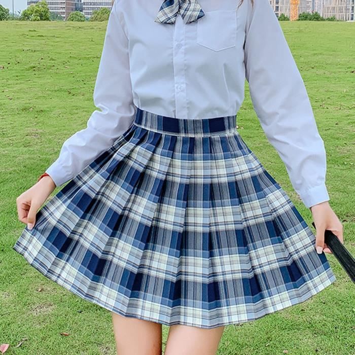 Uniforme a carreaux d ecole de mode pour femmes Jupe taille haute plissee style academique Bleu564 Bleu Cdiscount Pret a Porter