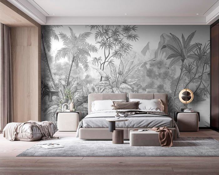 Papier Peint Panoramique Elégant Jungle 360x250 cm Tropiques en noir et ...