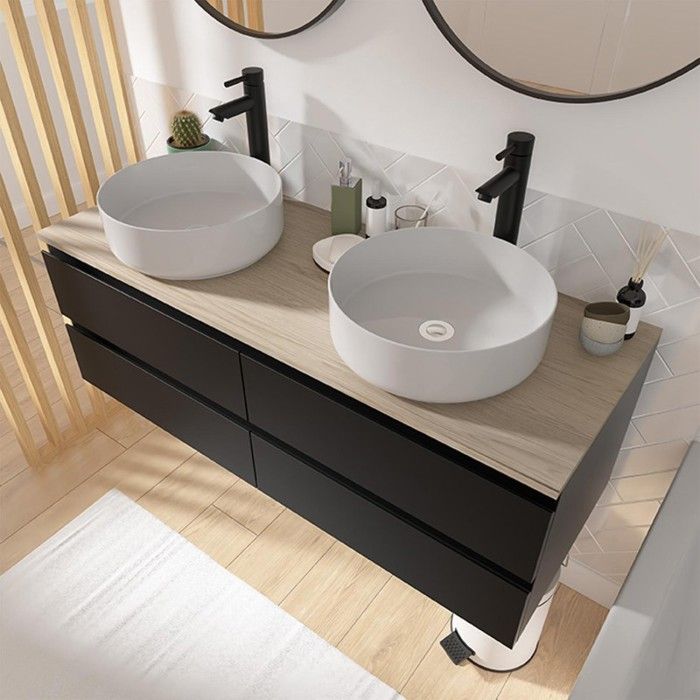 Meuble Salle De Bain Suspendu PIASKI Roma - Lavabo Inclus Noir Ondulé Avec Miroir Et Armoires
