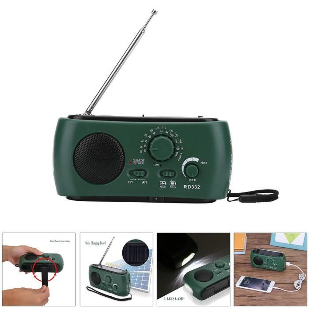 Solaire Main Manivelle Wind Up Radio LED Lampe de Poche, Portable