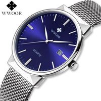 WWOOR marque hommes Simple mince montres hommes Quartz analogique Date horloge mâle étanche argent acier maille montre-bracelet