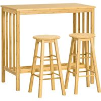 Ensemble table de bar 2 tabourets avec repose-pieds bois de bambou verni 98x53x90cm Beige