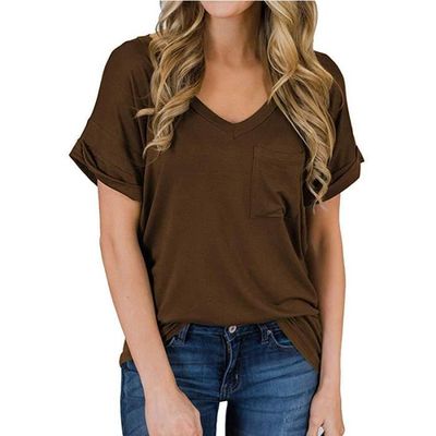 T shirt femme col V rayures grande a demi manches coton doux confortable Poignets boucles T shirt Marron Marron Cdiscount Pret a Porter