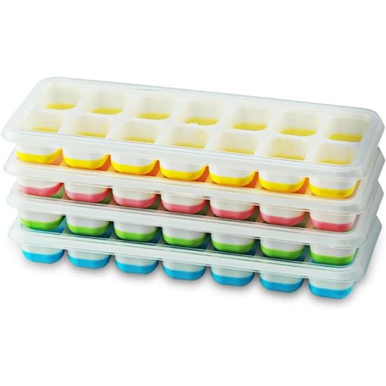 Lot De 4 Bacs à Glaçons En Silicone Avec Couvercle - Empilables, Sans BPA, Bleu/Vert, Glaçons Carrés Faciles à Retirer
