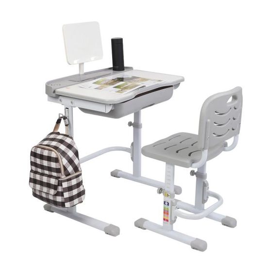 Set Bureau et Chaise Enfant Hauteur Réglable 82cm-104cm Design Ergonomique , Ensemble de Table Activité et Chaise pour Enfants Gris