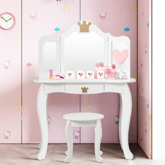 Coiffeuse Pour Enfant Avec Miroir 3 Volets Et Tabouret - Blanc Et Rose, Pour Filles De 4 à 9 Ans, Bois Et MDF Robuste