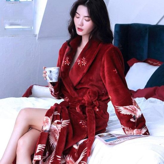 Peignoir femme rouge retro flanelle coral fleeson dames chaud full sleeve robe de bain kimono robe de chambre kimono A258 Cdiscount Maison