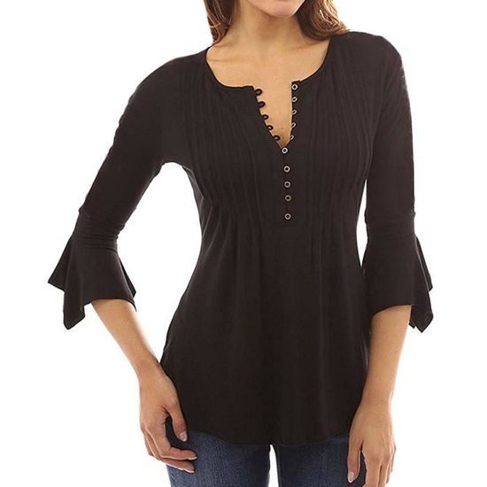 Minetom Femme Chemisiers Blanc Chic Shirt Casual Ete Mode 1 2 Bouton Printemps Ete Manches 3 4 Col V Tops Noir Cdiscount Pret a Porter