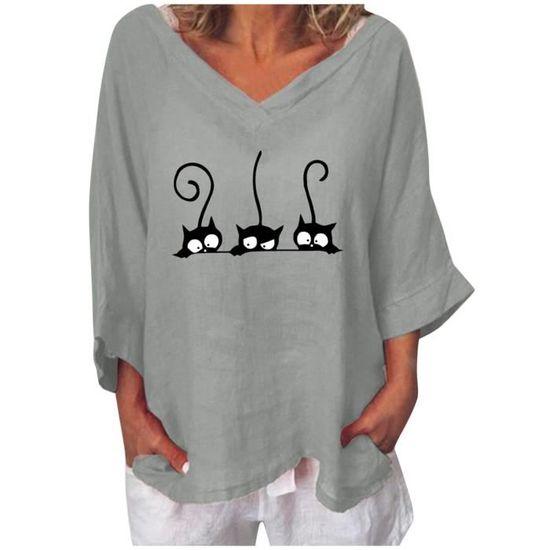 T-shirt Femme Halloween - Motif Squelette Et Chat Qui S'embrassent - Col En V - Pour Amoureux Des Chats