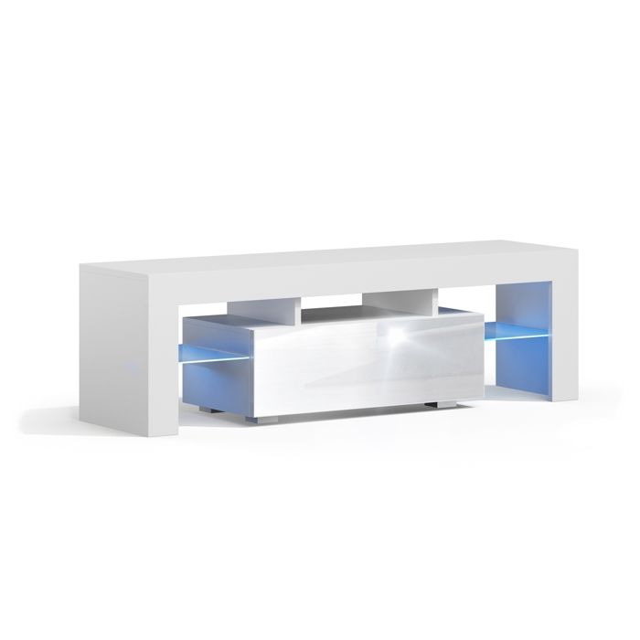 Meuble TV SPIDER à LED en Blanc MAT avec porte Blanc Laqué 130 cm