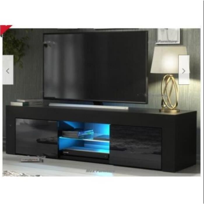 NOUVEAU MEUBLE TV - Noir - 130cm- noir mat - LED - style moderne - tablette en verre--Salon-Séjour