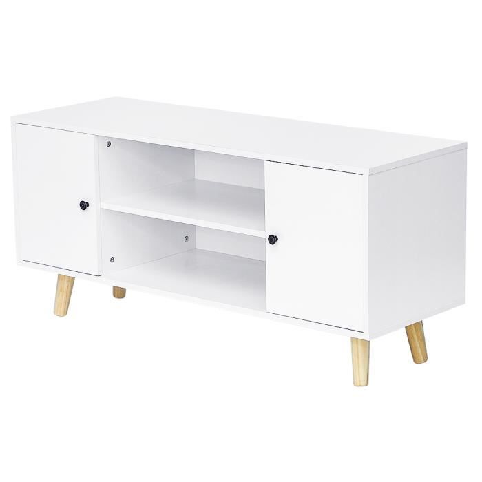 LUXS Meuble de TV scandinave blanc avec 2 portes en MDF + pied en bois massif avec grand espace de stock