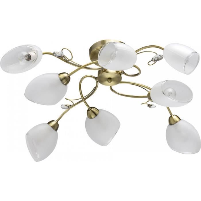 Plafonnier en métal blanc laitonné antique et verre 8 ampoules - Classic 23 Blanc
