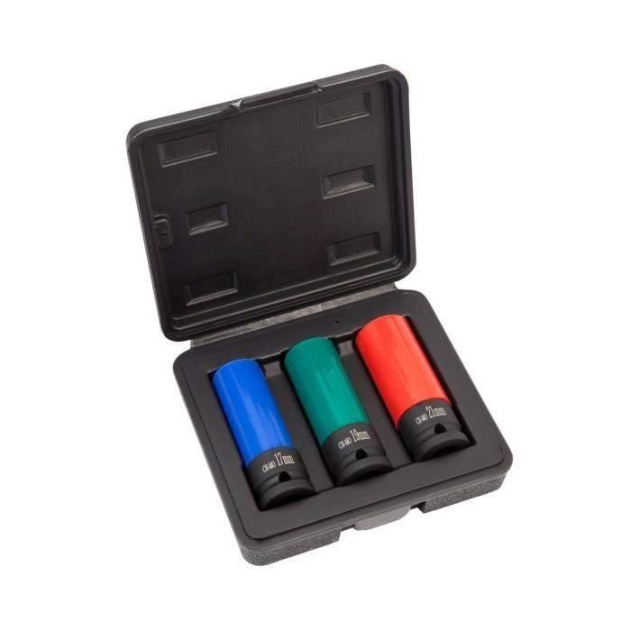 Lot de 3 douilles de serrage pour jantes alu 17-19-21 mm pour visseuse à percussion - n'abîme pas les boulons - douille à choc -