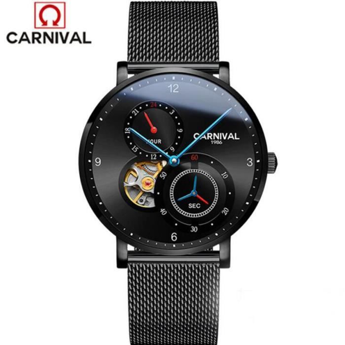 CARNIVAL Marque Montre homme Montre mécanique automatique Creux Tourbillon -