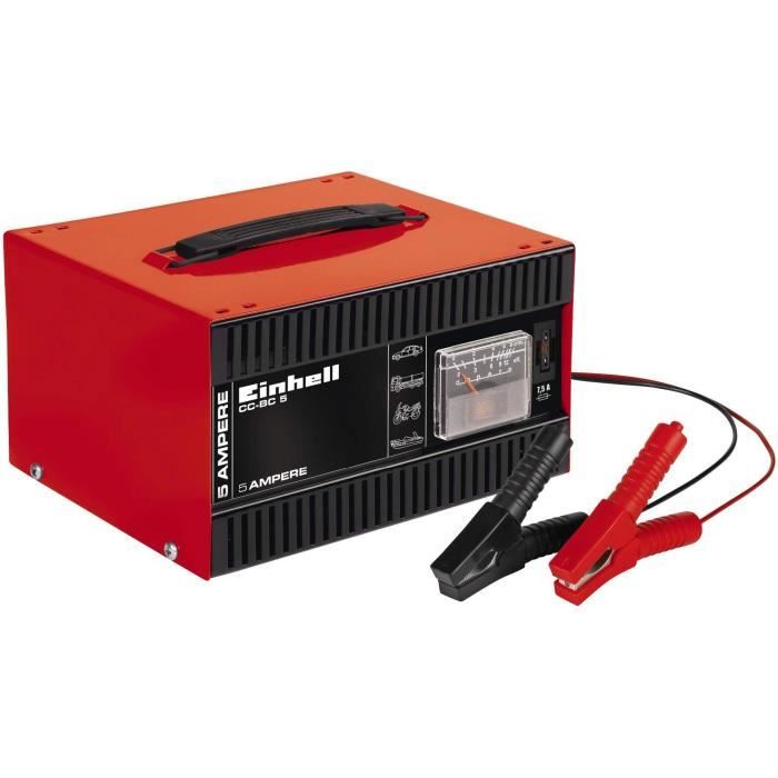 Einhell Chargeur de Batterie CC-BC 5 (pour Batteries de 16 à 80 Ah, Tension de Charge 12 V, ampèremètre intégré, poignée de