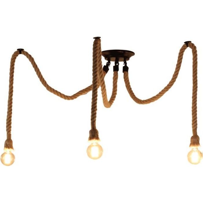 EXBON 3 Tête Lustre Suspension Araignee Industrielle Lampe Plafond Corde de Chanvre Luminaire pour Restaurant Hôtel