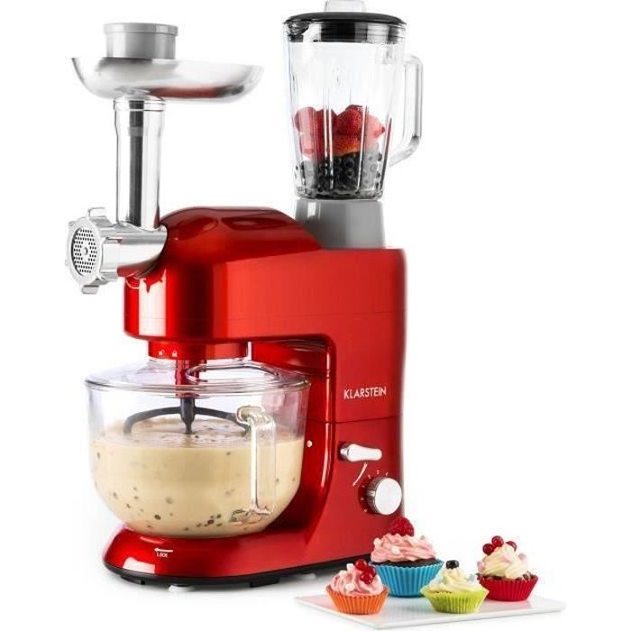 Robot de cuisine Klarstein Lucia Rossa 2G : patissier multifonction batteur mixeur hachoir 1200W - Bol 5 litres - 6 vitesses - rouge