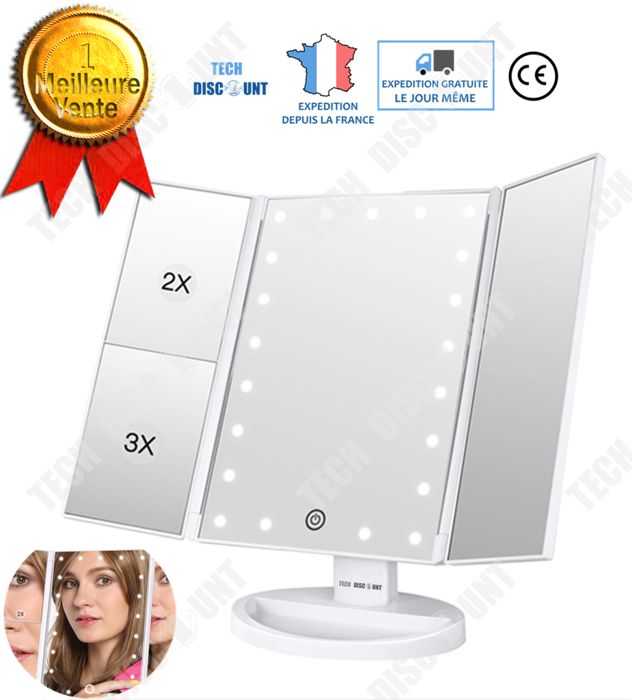 TD® miroir pliant 3 faces led grossissant lumineux secteur reglable piles sur pied maquillage salle bain cosmetique professionnel