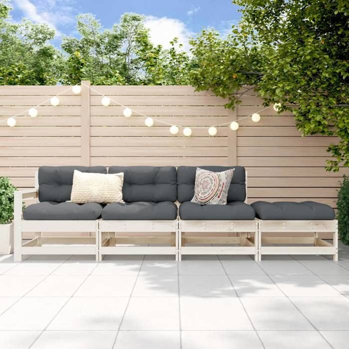 Salon De Jardin 4 Pièces En Bois De Pin - Canapés Et Repose-Pieds, Dossier Accoudoirs, Pour Terrasse Jardin
