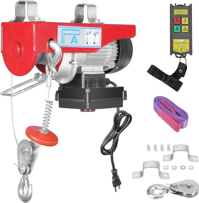 Treuil électrique 500 Kg 1500W - Avec Télécommande Sans Fil, Câble 7,6 M - Pour Garage, Chantier