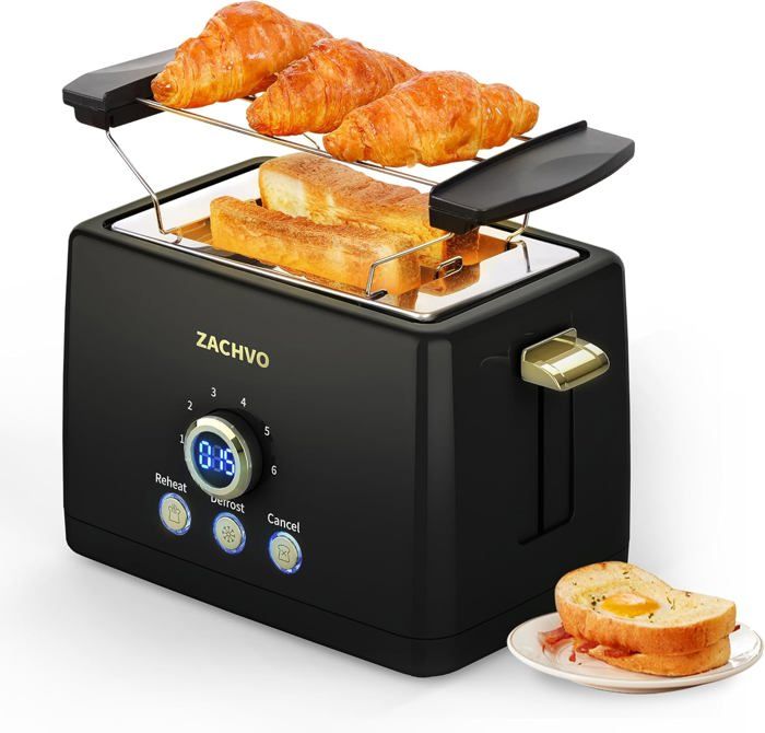 Petra PT5573BLKVDE Tostadora de 2 rebanadas, rejilla para calentar bollería, 6 niveles de tostado variables, descongelado, recalentado y cancelación, bandeja recogemigas desmontable, 1050 W, negro