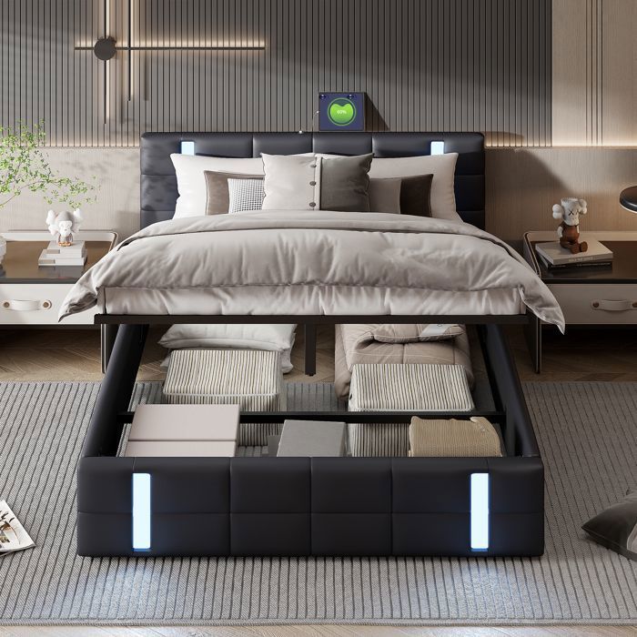 Lit Double 180x200 Cm Avec Rangement Coffre, LED RGB, Ports USB/Type-C - Cadre De Lit En Lin, Sans Matelas - 9