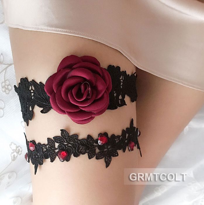 Jarretière De Mariée Dentelle Avec Fleurs - Accessoire Cuisse Ou Cou Femme, Cadeau Mariage, Fête, Événement Spécial (Rouge) - 6